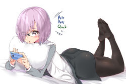 Rule 34 | 1girl, ass, bed, bed sheet, black-framed eyewear, black dress, black pantyhose, cellphone, commentary request, cushion, dress, english text, eyes visible through hair, fate/grand order, fate (series), full body, hair over one eye, highres, jacket, leg up, light purple hair, looking down, mash kyrielight, meta, necktie, pantyhose, parted lips, phone, pink lips, purple eyes, red necktie, sarfata, shiny clothes, short dress, short hair, simple background, smartphone, soles, solo, white jacket