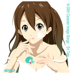 Rule 34 | 1girl, bad id, bad pixiv id, bare shoulders, breasts, brown eyes, brown hair, cleavage, collarbone, dress, extra, finger to mouth, heart, highres, k-on!, kouchou, long hair, side ponytail, simple background, smile, solo, strap slip, taki eri