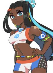 Rule 34 | 1girl, armband, armpits, bare shoulders, black hair, blue eyes, blue hair, breasts, creatures (company), crop top, dark-skinned female, dark skin, digicheeze, earrings, eyelashes, from below, frown, game freak, hair bun, hand on own hip, highres, jewelry, looking at viewer, looking down, medium breasts, midriff, multicolored hair, navel, necklace, nessa (pokemon), nintendo, pokemon, pokemon swsh, short shorts, shorts, sleeveless, solo, streaked hair, swimsuit