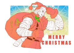Rule 34 | 1boy, absurdres, alternate costume, animal ears, arknights, artist request, bara, belt, biceps, christmas, cropped legs, from side, fur trim, furry, furry male, gloves, hat, highres, holding, holding sack, looking ahead, male focus, merry christmas, mountain (arknights), muscular, muscular male, pectorals, red gloves, sack, santa costume, santa hat, scar, scar across eye, scar on face, short hair, sleeveless, sleeveless jacket, solo, thick eyebrows, tiger boy, tiger ears, white fur, white hair
