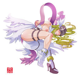 Rule 34 | 1girl, angewomon, arms behind back, ass, ass cutout, asymmetrical ass, asymmetrical ass cutout, asymmetrical clothes, asymmetrical footwear, bare shoulders, bdsm, bent over, blonde hair, blue eyes, blush, bondage, boots, bound, bound arms, breasts, clothing cutout, digimon, digimon (creature), digimon adventure, feathers, female focus, green hair, half ass, helmet, high heel boots, high heels, large breasts, legs, lips, long hair, mismatched footwear, multiple wings, nipples, ribbon, shoes, solo, sonobe kazuaki, thigh strap, wings