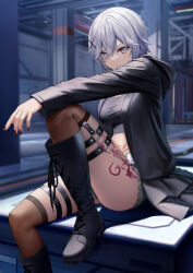 1girl commission highres phantasy_star phantasy_star_online_2 short_hair sion_(9117) skeb_commission tagme tattoo thighs