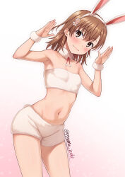 Rule 34 | 1girl, :3, animal ears, armpits, asymmetrical bangs, bandeau, bare shoulders, blush, breasts, brown eyes, brown hair, closed mouth, collar, contrapposto, cowboy shot, detached collar, dot nose, fake animal ears, fake tail, female focus, flower, fur collar, gradient background, groin, hair flower, hair ornament, hands up, isshi pyuma, light smile, looking at viewer, medium hair, misaka mikoto, navel, pink background, pink lips, rabbit ears, rabbit tail, shorts, simple background, small breasts, solo, standing, straight hair, tail, toaru kagaku no railgun, toaru majutsu no index, twitter username, w arms, white background, white bandeau, white collar, white shorts, wrist cuffs