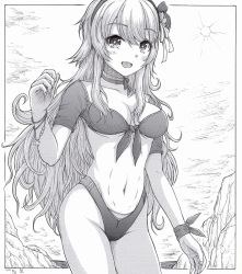 Rule 34 | 1girl, bikini, blush, bracelet, breasts, choker, dated, day, front-tie bikini top, front-tie top, greyscale, h2 (h20000000), hair between eyes, hairband, jewelry, kantai collection, long hair, looking at viewer, medium breasts, monochrome, open mouth, outdoors, parted lips, ribbon choker, signature, solo, star (symbol), swimsuit, very long hair, washington (kancolle)