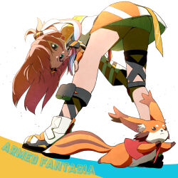 Rule 34 | 1girl, armed fantasia, brown hair, closed mouth, coat, creature, fingerless gloves, full body, gloves, green eyes, highres, long hair, looking at viewer, miyaco (miyaco2236), multicolored hair, orange gloves, side ponytail, skirt, soleil ainsley, strisch (armed fantasia), two-tone hair, upper body, white coat