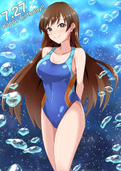 Rule 34 | 1girl, arms behind back, blue one-piece swimsuit, breasts, brown eyes, brown hair, commentary request, competition swimsuit, happy birthday, highres, idolmaster, idolmaster cinderella girls, kuramari (godbaan), large breasts, long hair, looking at viewer, nitta minami, one-piece swimsuit, smile, solo, swimsuit, underwater