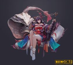 Rule 34 | 1girl, animal, antlers, asymmetrical antlers, bow, club, club (weapon), cobra (animal), copyright name, destiny child, full body, giant snake, grey background, highres, holding, horns, ishimi (destiny child), japanese clothes, kanabou, kimono, logo, looking at viewer, oversized animal, parted lips, red bow, simple background, sitting, smile, snake, solo, strapless, tube top, waist bow, weapon, white snake, wonchun