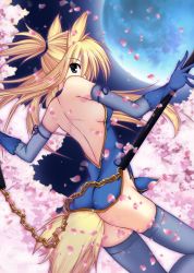 Rule 34 | 1girl, animal ears, backless outfit, bad id, bad pixiv id, bare back, blonde hair, blue eyes, box sentou shoujo, breasts, chain, cherry blossoms, elbow gloves, full moon, gloves, highres, long hair, mea (brunhilde), medium breasts, moon, night, original, petals, side slit, sideboob, solo, tail, thighhighs, twintails, weapon