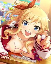 Rule 34 | 1girl, :d, annindoufu (oicon), blonde hair, blue eyes, blush, breast press, breasts, earbuds, earphones, foreshortening, hair ornament, hair ribbon, idolmaster, idolmaster cinderella girls, jacket, jewelry, large breasts, leaning forward, long sleeves, looking at viewer, lying, nail polish, necklace, nipples, no bra, nude filter, ohtsuki yui, on stomach, open clothes, open jacket, open mouth, ponytail, puffy areolae, raglan sleeves, red jacket, red ribbon, ribbon, shoes, sidelocks, sleeves past wrists, smile, solo, third-party edit