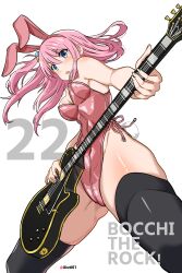 Rule 34 | 1girl, 2022, absurdres, aiuti, alternate costume, animal ears, black thighhighs, blue eyes, bocchi the rock!, bow, bowtie, breasts, cleavage, copyright name, cowboy shot, cube hair ornament, detached collar, electric guitar, from below, gibson les paul, gotoh hitori, guitar, hair ornament, highres, instrument, large breasts, leotard, long hair, one side up, pink hair, pink leotard, playboy bunny, plectrum, rabbit ears, rabbit tail, side-tie leotard, simple background, solo, tail, thighhighs, twitter username, white background