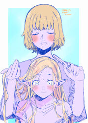 Rule 34 | 2girls, absurdres, blonde hair, blush, brushing another&#039;s hair, brushing hair, closed eyes, commentary request, dated, dungeon meshi, elf, falin touden, falin touden (tallman), hair brush, hairdressing, hand in another&#039;s hair, highres, holding, holding another&#039;s hair, holding brush, holding hair brush, long hair, marcille donato, multiple girls, open mouth, pointy ears, short hair, simple background, twitter username, yuri, yuri kyanon
