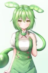 Rule 34 | 1girl, bad id, bad pixiv id, blush, breasts, brown eyes, closed mouth, dress, green background, green dress, green hair, hair between eyes, hand up, medium breasts, murano, personification, puffy short sleeves, puffy sleeves, shirt, short sleeves, simple background, sleeveless, sleeveless dress, solo, voiceroid, white shirt, zundamon