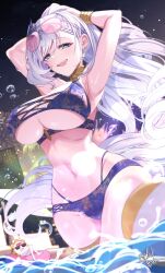 1girl ball beachball bikini blue_bikini braid breasts cleavage grey_hair hair_ornament highres hololive hololive_indonesia large_breasts long_hair looking_at_viewer navel pavolia_reine smile solo sunglasses swim_ring swimsuit todalbok106 virtual_youtuber