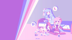 Rule 34 | 3girls, against bed, bag of chips, blue hair, commission, confused, controller, criss-cross halter, detached sleeves, dress, food in mouth, frown, game controller, halterneck, holding, holding controller, holding game controller, kotonoha akane, kotonoha aoi, long sleeves, looking at object, lying, multicolored background, multiple girls, my11gum, negative space, no jacket, on back, on bed, on floor, open mouth, pink eyes, pink hair, playing games, pointing, purple dress, purple eyes, purple sleeves, purple thighhighs, raised eyebrow, short dress, siblings, simple background, sisters, sitting, skeb commission, sleeveless, sleeveless dress, soda bottle, speech bubble, sweatdrop, thighhighs, vocaloid, voiceroid, wariza, wide sleeves, yuzuki yukari