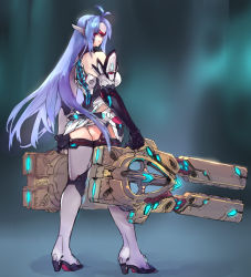 Rule 34 | 1girl, android, ass, bare shoulders, breasts, elbow gloves, expressionless, forehead protector, gloves, gun, huge weapon, kos-mos, kos-mos re:, large breasts, leotard, long hair, looking at viewer, negresco, nintendo, solo, standing, thighhighs, very long hair, weapon, xenoblade chronicles (series), xenoblade chronicles 2, xenoblade chronicles (series), xenoblade chronicles 2