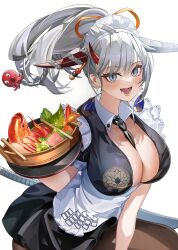 Rule 34 | 1girl, absurdres, apron, artist request, azur lane, black skirt, blue eyes, braid, breasts, cleavage, dragon girl, dragon horns, earrings, emblem, fish, grey hair, grey horns, hakuryuu (azur lane), hakuryuu (slice dice and serve) (azur lane), highres, holding, holding plate, horns, jewelry, large breasts, long hair, maid, maid headdress, meal, mole, mole on breast, necktie, official alternate costume, open mouth, pantyhose, plate, ponytail, red horns, salad, skirt, solo, sword, sword behind back, waist apron, weapon, white apron, white background
