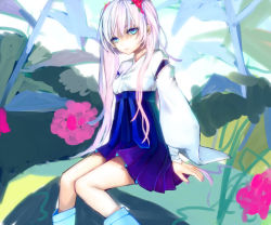 Rule 34 | 1girl, blue eyes, flower, hydrangea, japanese clothes, long hair, miko, original, pink hair, solo, soono (rlagpfl), twintails
