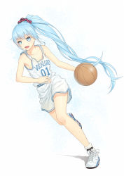 Rule 34 | 1girl, anarchojs, ball, basketball, basketball (object), blue eyes, blue hair, copyright name, full body, hatsune miku, highres, long hair, open mouth, ponytail, shoes, shorts, simple background, sneakers, solo, very long hair, vocaloid, white background