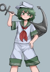 Rule 34 | 1girl, anchor, anchor symbol, closed mouth, fe (tetsu), green eyes, green hair, green sailor collar, grey background, hand on own hip, hat, highres, holding, holding anchor, looking at viewer, murasa minamitsu, neckerchief, red neckerchief, sailor collar, sailor hat, shirt, short hair, shorts, simple background, smile, solo, touhou, white hat, white shirt, white shorts