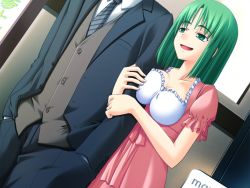 Rule 34 | 1boy, 1girl, breast press, breasts, game cg, green eyes, green hair, source request, specialite!, specialty, troll face, vest, yamagata anzu