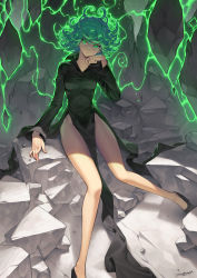 Rule 34 | 1girl, absurdres, black dress, black footwear, breasts, collared dress, commentary request, curly hair, dress, floating rock, full body, glowing, glowing eyes, green eyes, green hair, hichi, high heels, highres, knees together feet apart, long dress, long legs, one-punch man, pelvic curtain, pumps, short hair, side slit, sitting, small breasts, solo, tatsumaki, telekinesis, thighs