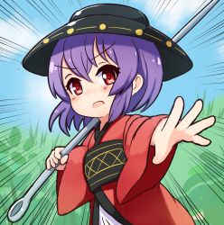 Rule 34 | 1girl, bowl, bowl hat, emphasis lines, ferdy&#039;s lab, hat, highres, holding, japanese clothes, kimono, motion lines, needle, obi, open mouth, outstretched hand, reaching, reaching towards viewer, red kimono, sash, sky, solo, sukuna shinmyoumaru, touhou, wide sleeves
