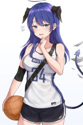 Rule 34 | 1girl, :d, absurdres, arknights, ball, bare arms, bare shoulders, basketball, basketball (object), basketball uniform, black shorts, blue eyes, blue hair, clothes writing, collarbone, commentary request, cowboy shot, gradient background, grey background, halo, hand on own chin, hand up, highres, holding, holding ball, horns, long hair, looking at viewer, mango (mgo), mostima (arknights), open mouth, short shorts, shorts, sleeveless, smile, solo, sportswear, standing, tail, white background