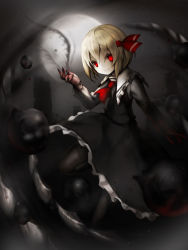 Rule 34 | 1girl, blonde hair, blood, blood on hands, bubble, darkness, full moon, hair ribbon, highres, looking at viewer, moon, neckerchief, red eyes, ribbon, rumia, short hair, skirt, smile, solo, spark621, touhou