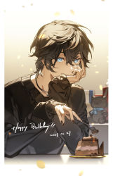 Rule 34 | 1boy, absurdres, axia krone, black hair, black nails, black sweater, blue eyes, cake, chocolate cake, commentary, covering own mouth, food, fork, gift, hand over own mouth, highres, holding, holding fork, jewelry, long sleeves, looking at viewer, male focus, nail polish, necklace, nijisanji, plate, solo, stuffed animal, stuffed cat, stuffed toy, sweater, table, virtual youtuber, ygerian