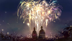 Rule 34 | 1boy, 1girl, aerial fireworks, commentary, english commentary, fireworks, from behind, grass, highres, japanese clothes, kimono, night, night sky, obi, original, outdoors, sash, scenery, sishenfan, sitting, sky
