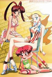 Rule 34 | 1990s (style), 3girls, american flag bikini, american flag swimsuit, ankle cuffs, anklet, antenna hair, bikini, blonde hair, blue eyes, blush, breasts, brown eyes, brown hair, cherry print, cleavage, cleavage cutout, clothing cutout, covered erect nipples, earrings, flag print, flat chest, food print, hatsuno hana, high heels, highres, jewelry, kimura takahiro, large breasts, lipstick, lock, long hair, looking at viewer, makeup, multiple girls, navel, official art, padlock, pink lips, red hair, retro artstyle, sandals, sarong, shoes, short hair, smile, swan white, swimsuit, united states, unzipped, unzipping, utsugi mikoto, yuusha ou gaogaigar, yuusha series