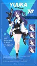 Rule 34 | 1girl, absurdres, black footwear, blue archive, blue eyes, blue necktie, boots, character name, character sheet, dual wielding, english text, expressions, full body, gloves, gun, halo, highres, holding, hwansang, long hair, looking at viewer, miniskirt, necktie, office lady, official art, purple hair, sig sauer, sig mpx, skirt, solo, standing, submachine gun, two side up, weapon, yuuka (blue archive)