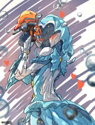 Rule 34 | 1girl, artist name, blue bow, blue skirt, blush, bow, bubble, commentary, english commentary, from behind, gao ex kaiser, gloves, gun, heart, helmet, highres, holding, holding gun, holding weapon, hood, hood up, looking back, science fiction, skirt, solo, warframe, weapon, white gloves, yareli (warframe)