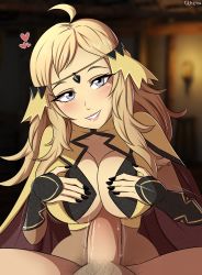 Rule 34 | 1boy, 1girl, absurdres, black nail polish, black nails, blonde hair, blue eyes, blush, breasts, cape, cleavage, clothed female nude male, dark mage (fire emblem fates), eyeshadow, fire emblem, fire emblem fates, forehead jewel, glazinbuns, grabbing, grabbing another&#039;s breast, hand on own breast, heart, hetero, highres, intelligent systems, jewelry, large breasts, large penis, lipstick, long hair, makeup, nail polish, nintendo, nude, ophelia (fire emblem), paizuri, penis, pink eyeshadow, pink lips, pubic hair, self grab, smile, sweat, teeth, thick thighs, thighs, uncensored, very long hair