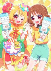 Rule 34 | 2girls, ;d, apron, aqua shorts, back bow, blonde hair, bow, brooch, brown hair, bun cover, cure yum-yum, delicious party precure, dual persona, gloves, hair rings, hanamichi ran, heart, heart brooch, highres, holding hands, huge bow, jewelry, long hair, magical girl, mem-mem (precure), multiple girls, one eye closed, open mouth, party glass, precure, red eyes, rii (rii0 02), shorts, smile, white gloves, white stripes