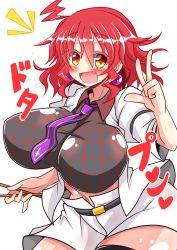 Rule 34 | 1girl, ahoge, armband, black thighhighs, blush, breasts, checkered clothes, checkered shirt, colored eyelashes, curvy, drumsticks, earrings, eyebrows, eyes visible through hair, fang, flying sweatdrops, gradient eyes, highres, horikawa raiko, huge breasts, jacket, jewelry, looking at viewer, loose necktie, midriff, miniskirt, mitsudomoe (shape), multicolored eyes, navel, neck, necktie, open clothes, open jacket, open mouth, red eyes, red hair, rindou (p41neko), shirt, short hair, short sleeves, simple background, skirt, smile, solo, sweat, thick thighs, thighhighs, thighs, tomoe (symbol), tongue, touhou, v, white jacket, white skirt, wide hips, yellow eyes