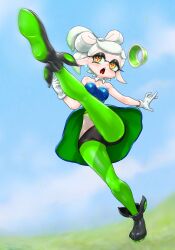 Rule 34 | 1girl, ankle boots, black footwear, black shorts, blue dress, boots, bow-shaped hair, breasts, cleavage, cross-shaped pupils, dress, earrings, gradient hair, green hair, green pantyhose, highres, inkling, jewelry, koharu2.5, leg up, marie (splatoon), medium breasts, mole, mole under eye, multicolored hair, nintendo, open mouth, pantyhose, pointy ears, red pupils, short hair, shorts, shorts under dress, solo, splatoon (series), splatoon 1, strapless, strapless dress, symbol-shaped pupils, tentacle hair, two-tone hair, white hair, yellow eyes