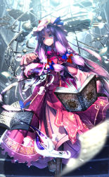 Rule 34 | 1girl, book, boots, coat, crescent, cross-laced footwear, dress, flying paper, gears, grey eyes, grimoire, hair ribbon, hat, highres, long hair, looking at viewer, open book, open clothes, open coat, paper, patchouli knowledge, purple hair, ribbon, ryosios, shaded face, solo, striped clothes, striped dress, tabard, touhou, tress ribbon, very long hair
