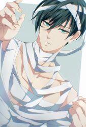 Rule 34 | 1boy, absurdres, aqua eyes, bandages, blue lock, collarbone, commentary request, fingernails, green hair, highres, itoshi rin, male focus, may (illust man 2020), parted lips, short hair, solo, upper body