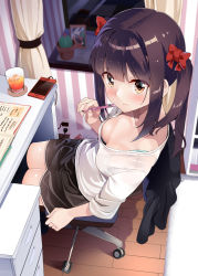 Rule 34 | 1girl, black hair, black thighhighs, blouse, blush, bow, breasts, brown eyes, byte (allbyte), cable, cellphone, commentary request, downblouse, drink, from side, hair bow, highres, indoors, legs together, long hair, looking at viewer, mechanical pencil, medium breasts, original, pencil, phone, red bow, see-through, shirt, shorts, sidelocks, sitting, smartphone, solo, sweat, thighhighs, white shirt, wooden floor