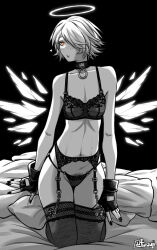 1girl arknights bare_shoulders blush bra breasts choker commentary english_commentary exusiai_(arknights) female_pubic_hair fingerless_gloves furauji garter_belt garter_straps gloves greyscale hair_over_one_eye halo heart kneeling monochrome nail_polish navel navel_piercing orange_eyes panties piercing pubic_hair pubic_hair_peek short_hair small_breasts solo spot_color underwear underwear_only wings