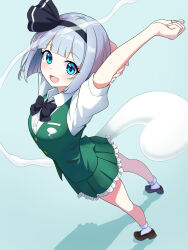 1girl black_bow black_bowtie black_hairband blue_eyes bow bowtie collared_shirt commentary_request green_skirt green_vest grey_hair hairband highres hitodama hitodama_print kisaragi_koushi konpaku_youmu konpaku_youmu_(ghost) looking_at_viewer open_mouth pleated_skirt shadow shirt shoes short_sleeves skirt skirt_set smile socks solo stretching touhou vest white_shirt white_socks