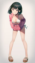 Rule 34 | 1girl, :d, bare legs, bare shoulders, bikini, black hair, breasts, brown eyes, cleavage, collarbone, drawstring, earrings, flower, full body, grey background, grin, halterneck, halterneck, hands in pockets, highres, hyuuga azuri, jacket, jewelry, leaning forward, long legs, long sleeves, looking at viewer, medium breasts, medium hair, nail polish, off shoulder, open clothes, open jacket, open mouth, original, partially unzipped, pink jacket, sandals, side-tie bikini bottom, sidelocks, simple background, smile, solo, standing, star (symbol), swimsuit, thighs, toenail polish, toenails, white bikini, white flower
