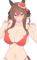 Rule 34 | 1girl, absurdres, animal ears, bikini, black ribbon, breasts, brown hair, commentary request, ear covers, gentildonna (umamusume), hair ribbon, highres, himuraanzu, horse ears, horse girl, horse tail, large breasts, looking at viewer, navel, red bikini, red eyes, ribbon, simple background, solo, swimsuit, tail, umamusume, white background