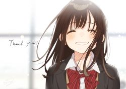 Rule 34 | 1girl, black jacket, blazer, blush, booota, bow, bowtie, brown hair, closed eyes, commentary request, english text, facing viewer, female focus, grin, hige wo soru. soshite joshikousei wo hirou., jacket, long hair, official art, ogiwara sayu, red bow, red bowtie, school uniform, smile, solo, striped, striped bow, teeth, thank you, upper body