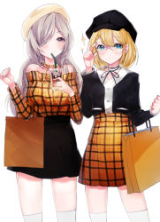 Rule 34 | 2girls, alternate costume, bag, beret, blonde hair, blouse, blue eyes, casual, coffee, cup, disposable cup, drinking straw, g36 (girls&#039; frontline), g36c (girls&#039; frontline), girls&#039; frontline, glasses, hair over one eye, hat, highres, ice, ice cube, iced coffee, multiple girls, peanutc, purple eyes, shirt, shopping, shopping bag, siblings, sisters, thighhighs, white hair
