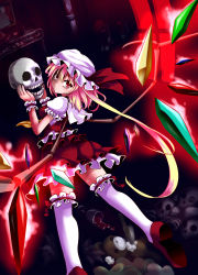 Rule 34 | 1girl, alternate breast size, blonde hair, blouse, female focus, flandre scarlet, frilled thighhighs, frills, hair between eyes, hat, highres, lilish, long hair, mob cap, red eyes, shirt, skull, solo, thighhighs, touhou, white hat, white shirt, wings