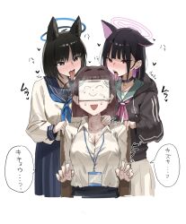 Rule 34 | 3girls, absurdres, animal ears, black choker, black eyes, black hair, black jacket, blue archive, blue neckerchief, blue skirt, breasts, brown hair, cat ears, choker, closed mouth, collared shirt, colored inner hair, covered eyes, doodle sensei (blue archive), female sensei (blue archive), halo, heart, heart-shaped pupils, highres, jacket, kazusa (blue archive), kikyou (blue archive), long hair, long sleeves, medium breasts, multicolored hair, multiple girls, neckerchief, open mouth, pink hair, pink halo, pink neckerchief, red eyes, sensei (blue archive), shirt, simple background, skirt, speech bubble, symbol-shaped pupils, tongue, tongue out, translation request, uuuron cha, white background, white shirt