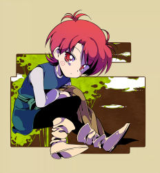 Rule 34 | 1990s (style), 1boy, akazukin chacha, belt, black pants, boots, cheek swirl, facial mark, highres, male focus, pants, popy, red eyes, red hair, sitting, solo, tunic