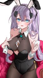 Rule 34 | absurdres, ace (playing card), ace of spades, animal ears, azur lane, bare shoulders, blue eyes, blush, bow, bowtie, breasts, card, cleavage, collar, embarrassed, grey hair, hair between eyes, hair ornament, hair through headwear, highres, holding, holding card, intrepid (azur lane), king (playing card), king of clubs, large breasts, leggings, leotard, long hair, looking at viewer, mole, mole on breast, on chair, open mouth, playboy bunny, playing card, rabbit ears, sideboob, simple background, spade (shape), two side up, vayneeeee, wrist cuffs